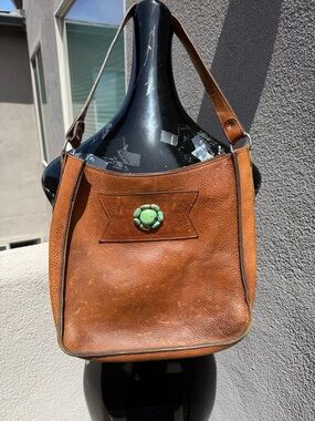 Two Bar West Genuine Leather Shoulder Bag W/ Turquoise Stone Concho- Western